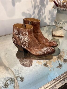 Shyanne Brown Leather Embroidered Ankle Booties